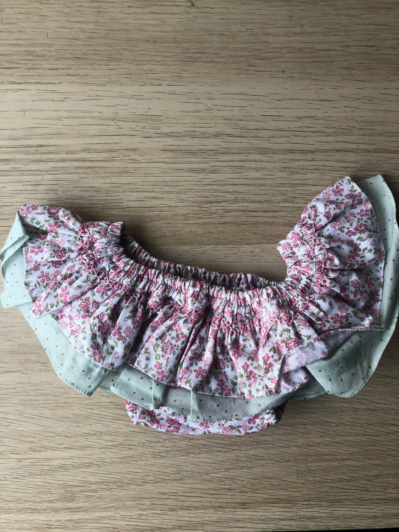 Clothilde, Culotte de bain à double volants imprimé fleuri rose