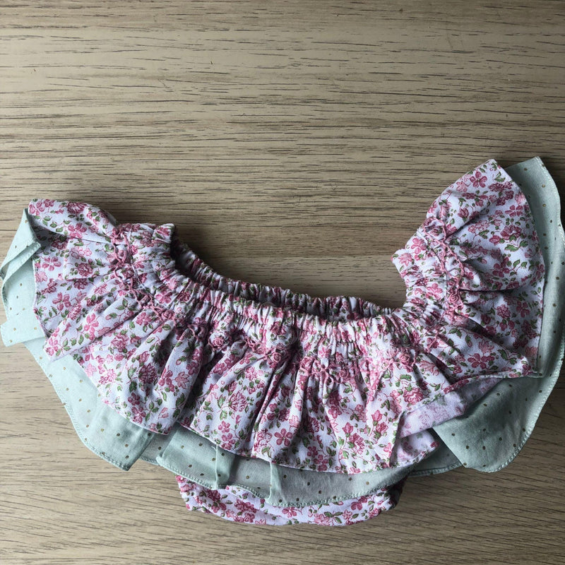 Clothilde, Culotte de bain à double volants imprimé fleuri rose