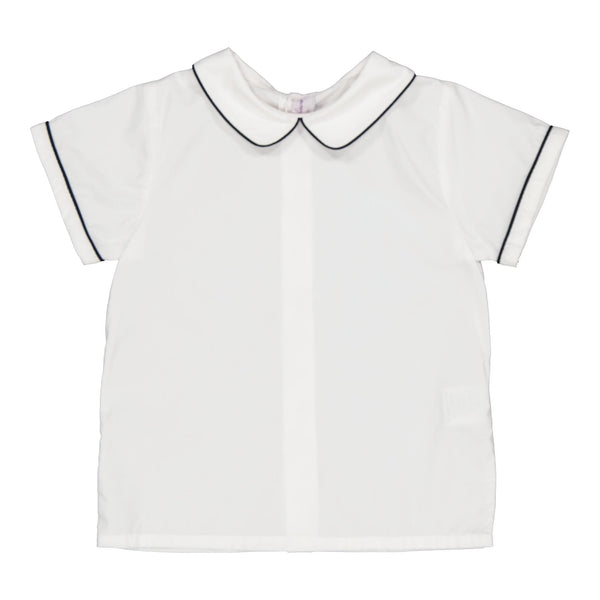 Clovis, boy shirt with navy piping on its short sleeves and mac milan collar, in White poplin