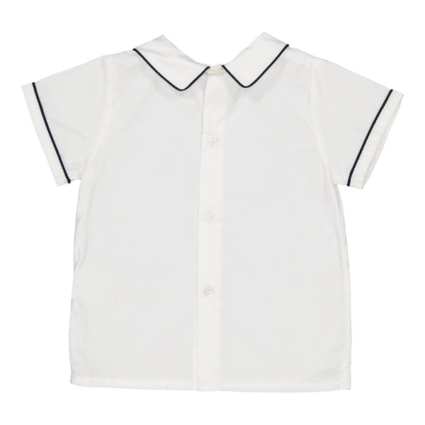 Clovis, boy shirt with navy piping on its short sleeves and mac milan collar, in White poplin