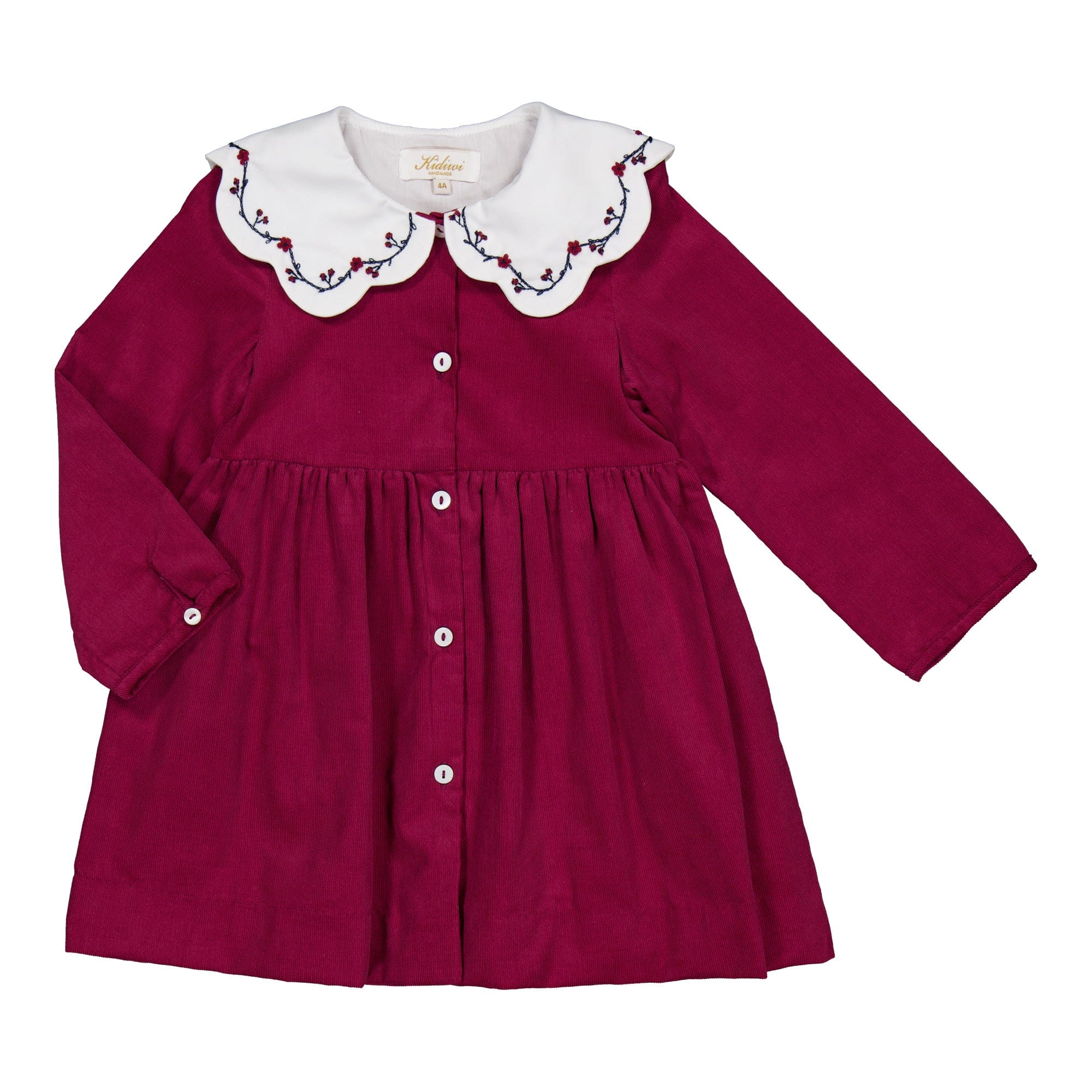 Colette, robe brodée, en velours côtelé bordeaux