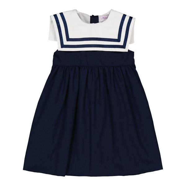 Constantina, dress with white sailor collar decorated with two rows of navy ribbon, in Navy cotton piqué