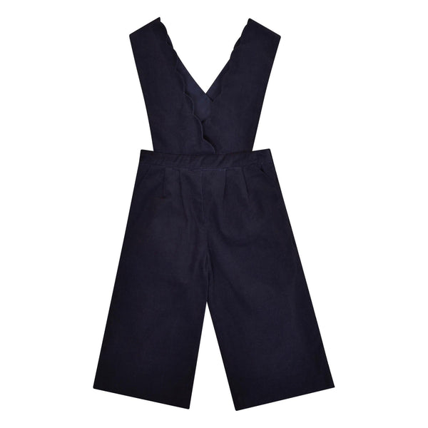 Denise, Salopette fille, encolure cache-cœur festonnée, bretelles réglables, en velours côtelé Marine - Denise, Girl's dungarees, scalloped wrap neckline, adjustable straps, in Navy corduroy