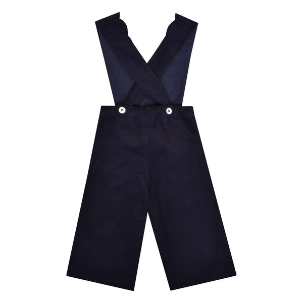 Denise, Salopette fille, encolure cache-cœur festonnée, bretelles réglables, en velours côtelé Marine - Denise, Girl's dungarees, scalloped wrap neckline, adjustable straps, in Navy corduroy