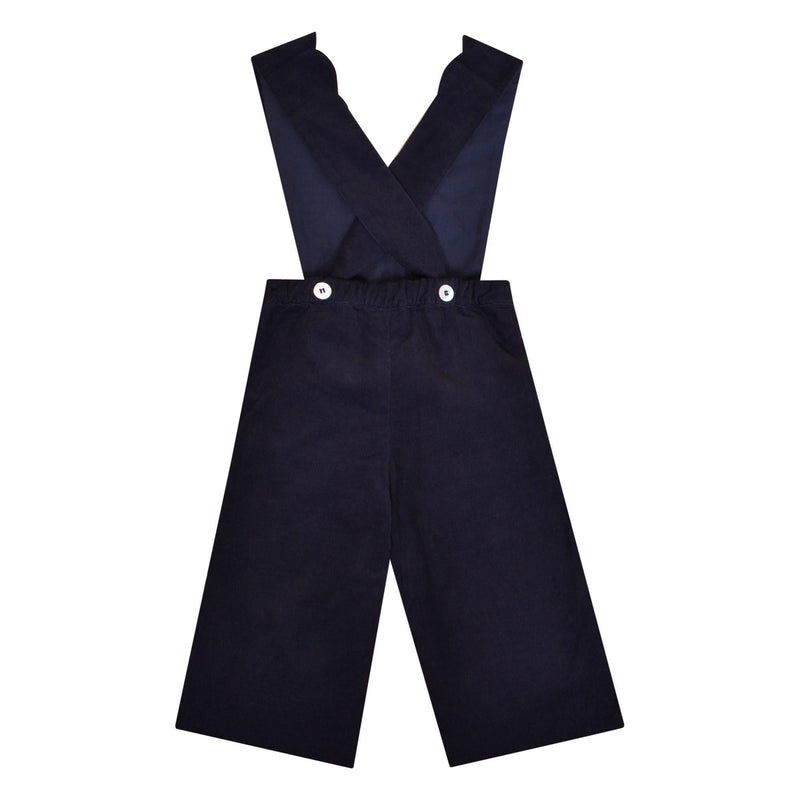 Denise, Salopette fille, encolure cache-cœur festonnée, bretelles réglables, en velours côtelé Marine - Denise, Girl's dungarees, scalloped wrap neckline, adjustable straps, in Navy corduroy