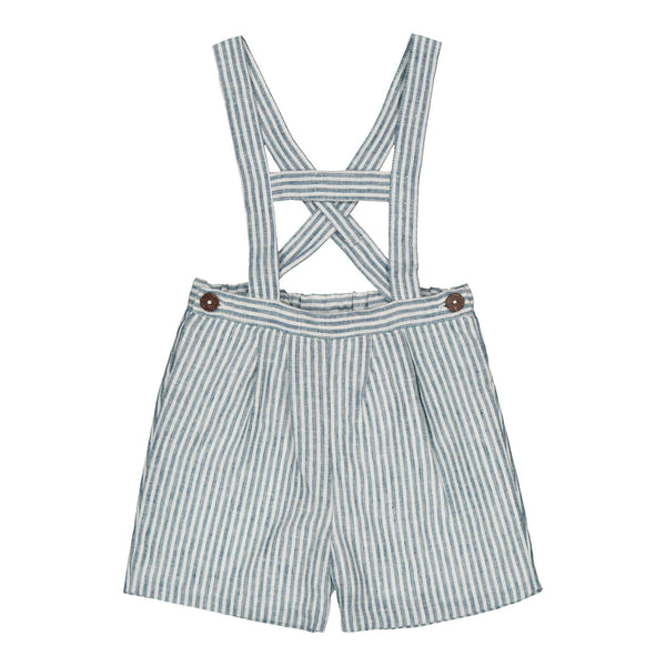 Elias, Boy dungarees with H bar, in Teal stripes linen