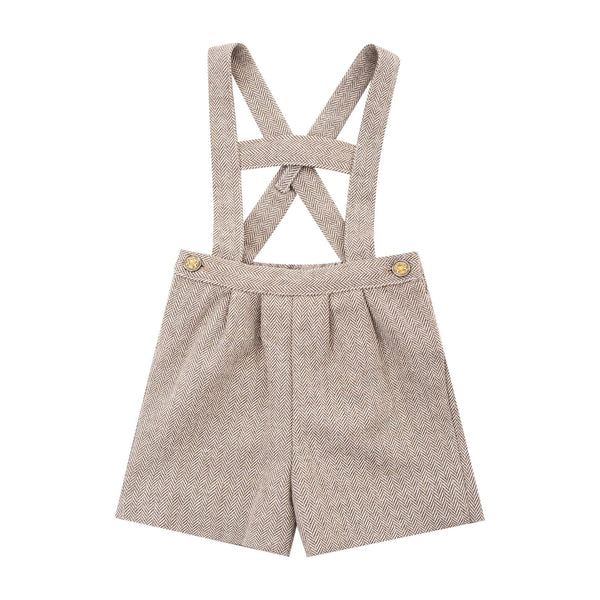 Elias, Boy's high bar dungarees H, in Brown herringbones with wool