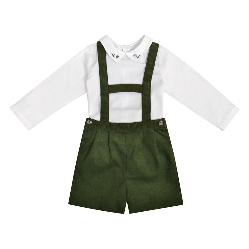 Elias, Boy's high bar dungarees H, in Olive corduroy