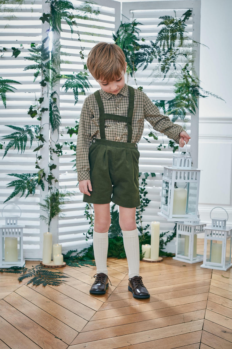 Elias, Boy's high bar dungarees H, in Olive corduroy