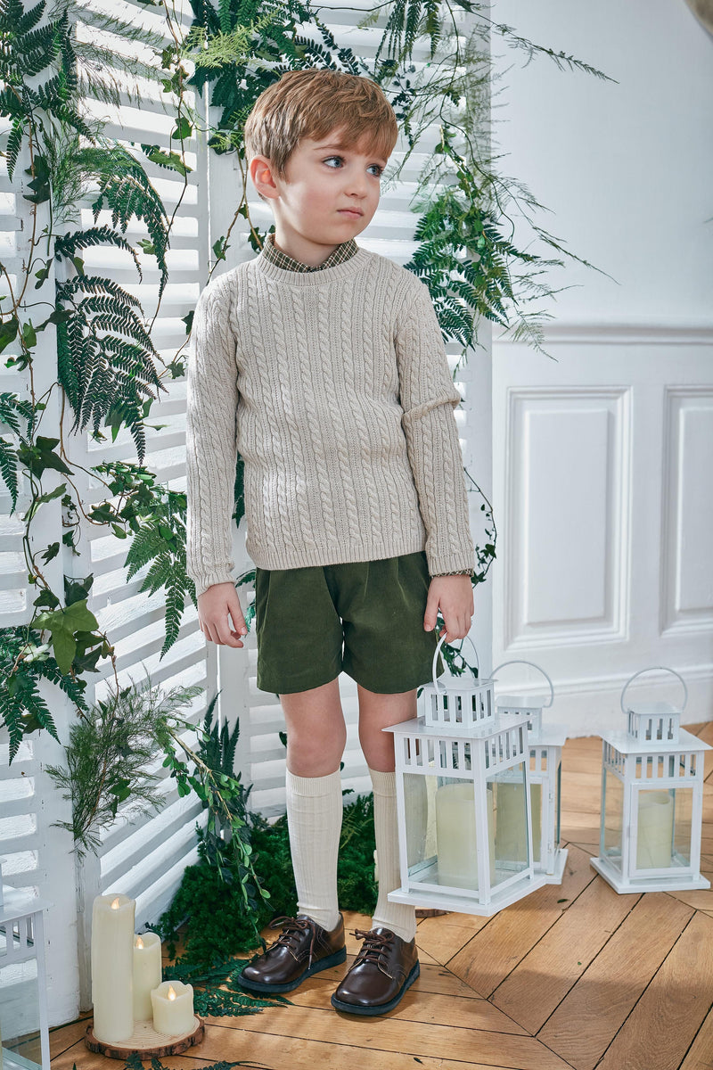 Elias, Boy's high bar dungarees H, in Olive corduroy