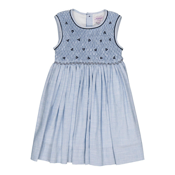 Emma, sleeveless, dress with fully smocked top, inThin blue and whites stripes