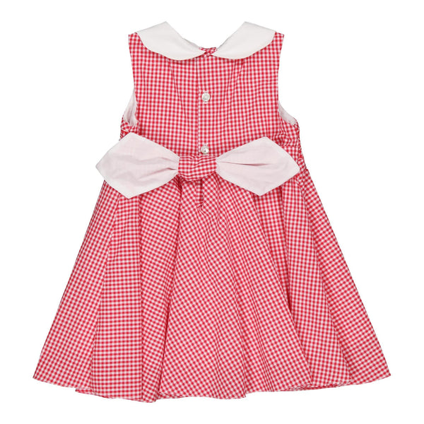 Fantine, smocked dress with white scalopped collar, bias cut skirt, in Little red gingham