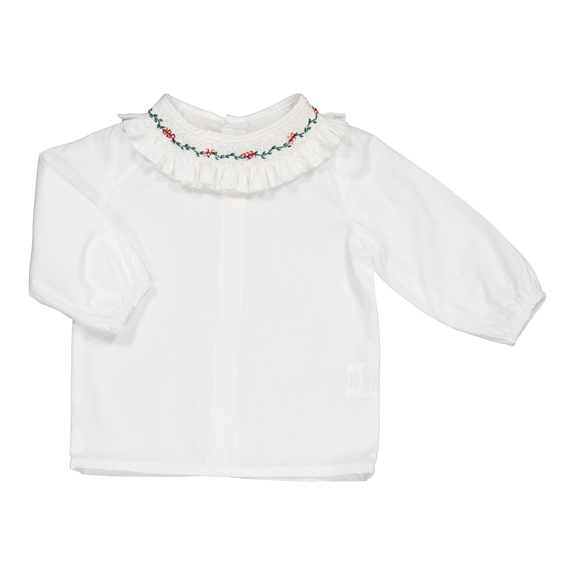 Faye, blouse smockée fille en popeline blanche, broderie houx
