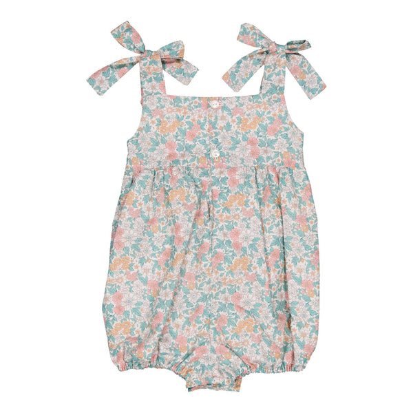 Francine, smocked baby girl romper with tied straps, in Coral and mint floral print