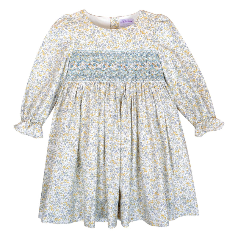 Harchel, Robe à manches longues, encolure ronde, taille smockée, en imprimé fleuri bleu ciel/moutarde - Harchel, Long-sleeved dress, round neckline, smocked waist, in Sky blue/mustard floral print