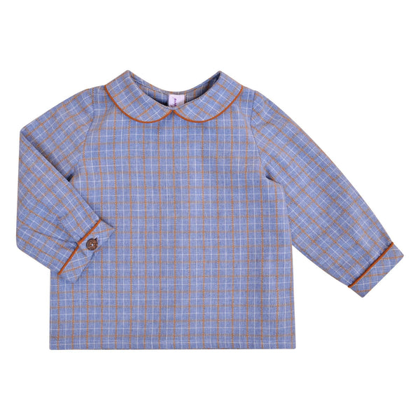 Harry, Blouse bébé manches longues, col claudine avec passepoil, en Tartan bleu et cannelle Harry, Long-sleeved baby blouse, Peter Pan collar with piping, in Blue and cinnamon Tartan