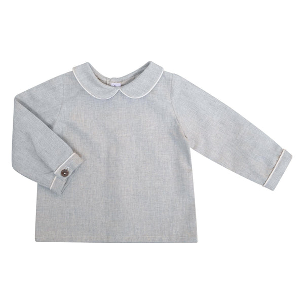 Harry, Blouse bébé manches longues, col claudine avec passepoil, en twill beige chiné - Harry, Long-sleeved baby blouse, Peter Pan collar with piping, in Heather beige twill