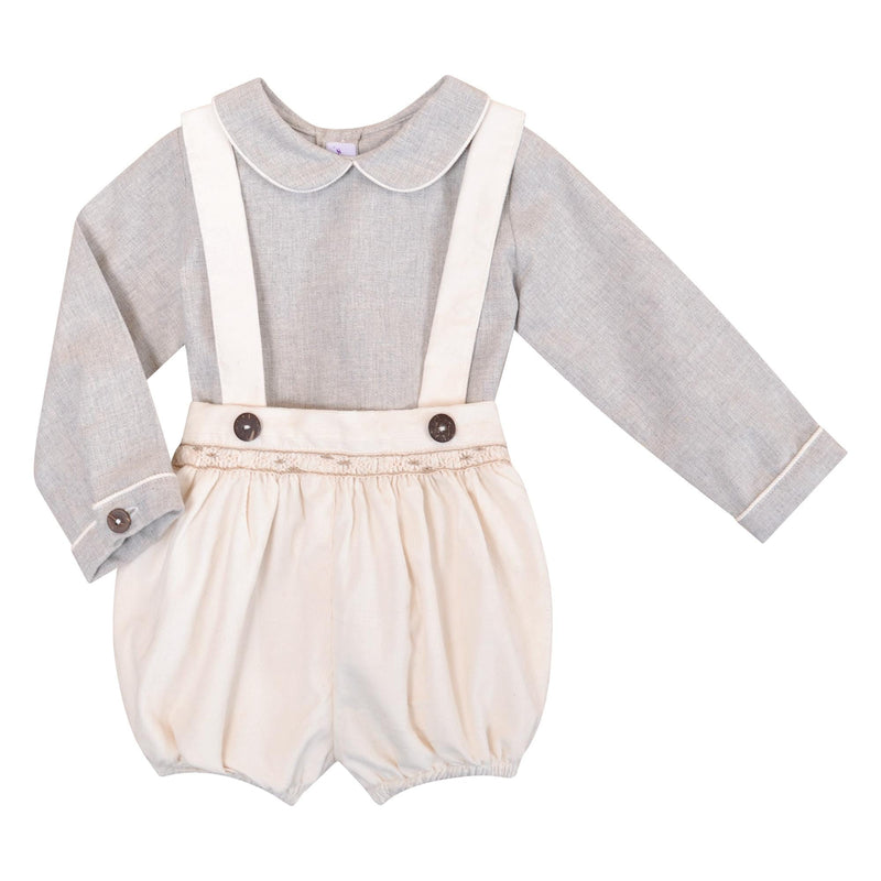 Harry, Blouse bébé manches longues, col claudine avec passepoil, en twill beige chiné - Harry, Long-sleeved baby blouse, Peter Pan collar with piping, in Heather beige twill