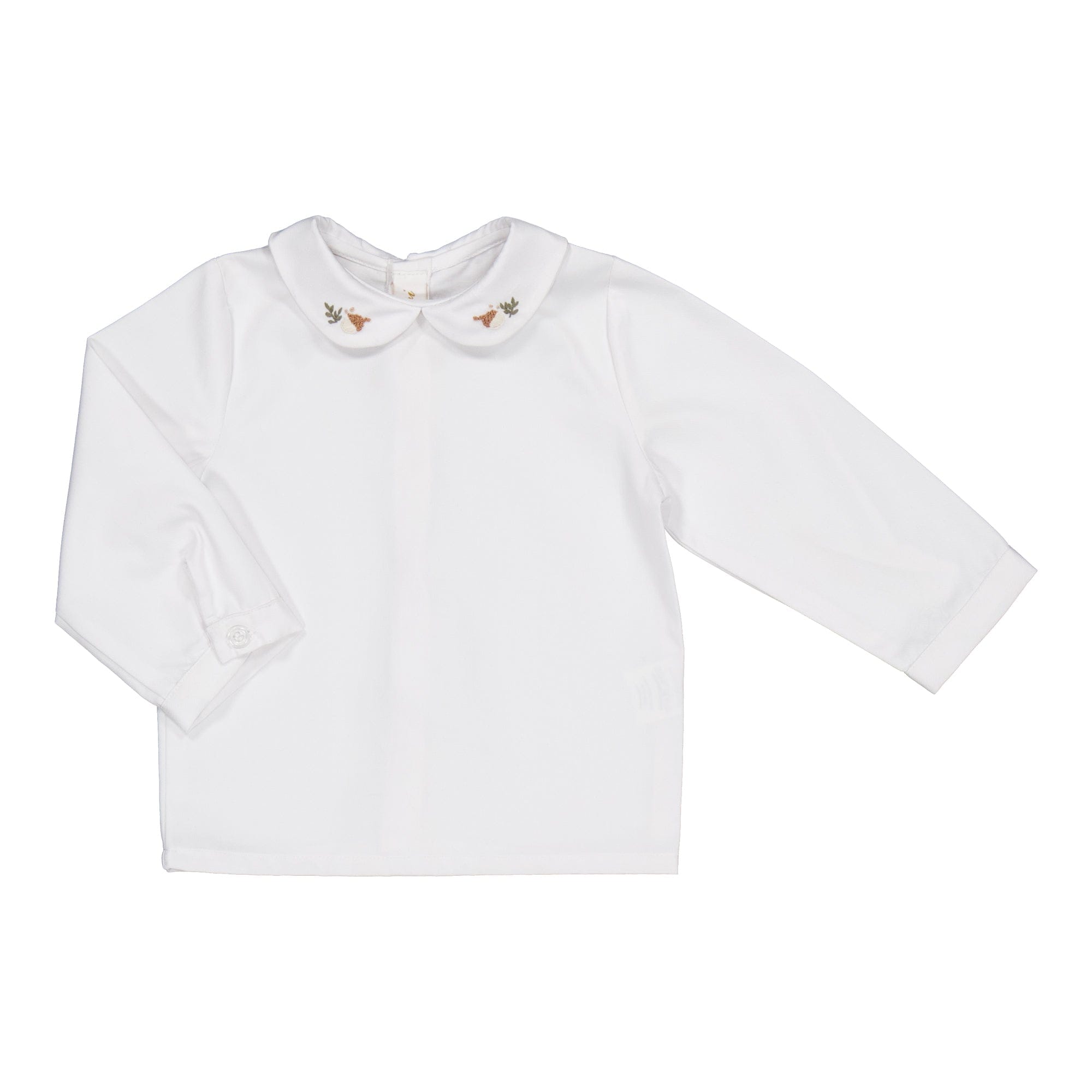 Harry, blouse garçon en twill blanc cassé, broderies noisettes