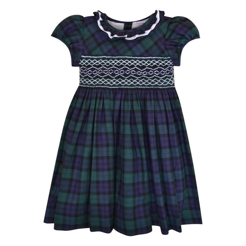 Hars, robe manches bouffantes, Triple col, taille smockée, en tartan Cotton Blackwatch - Hars, puffed-sleeved dress, Triple collar, smocked waist, in Cotton Blackwatch tartan