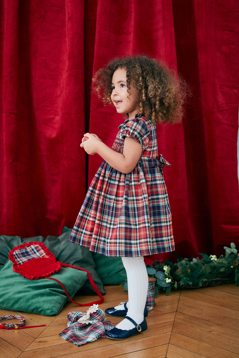 Hars, robe manches bouffantes, Triple col, taille smockée, en Tartan rouge - Hars, puffed-sleeved dress, Triple collar, smocked waist, in Red tartan