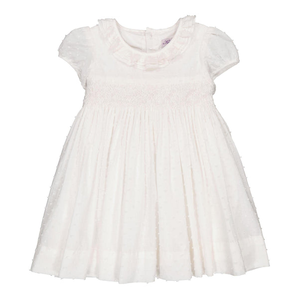 Hars, smocked dress with puffed-sleeved, triple collar, in Off white plumetis