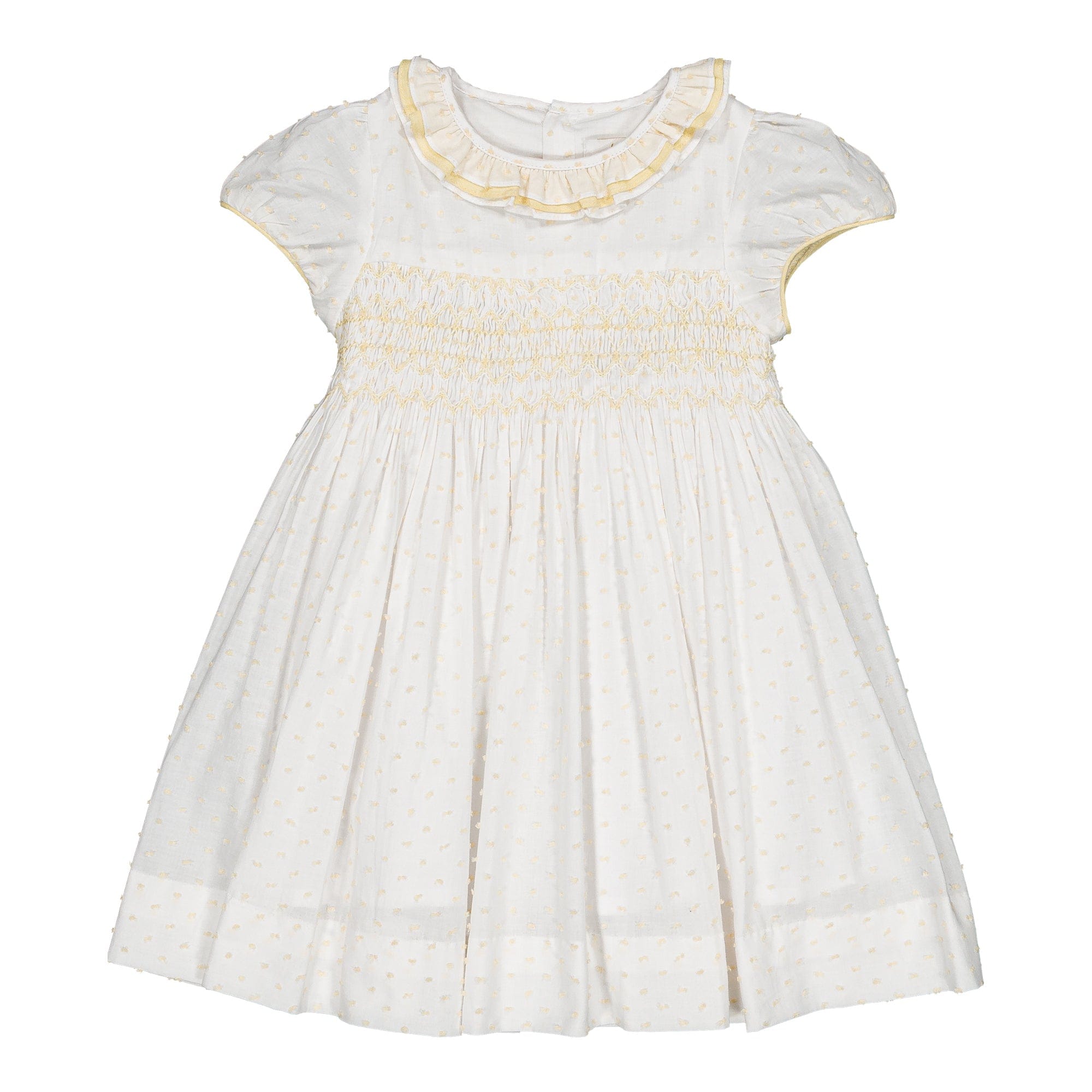 Hars, robe smockée, en  Voile blanc avec plumetis jaune