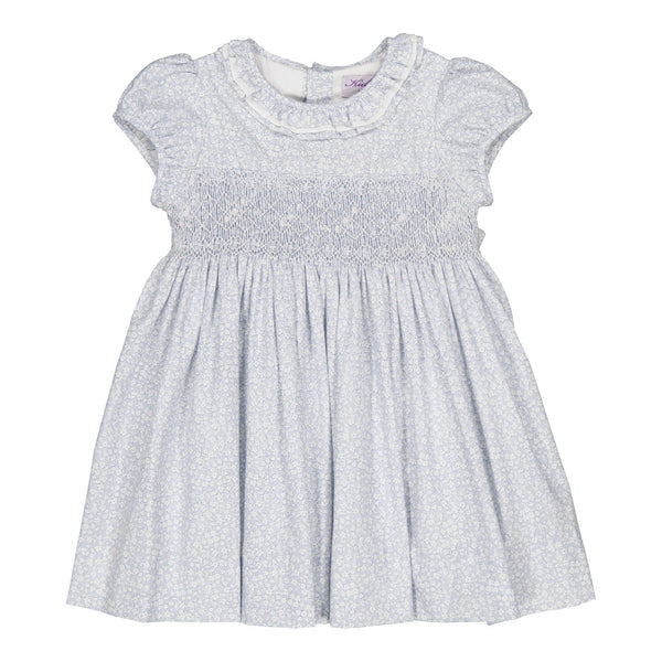 Hars, smocked dress with puffed-sleeved, triple collar, in Small sky blue print