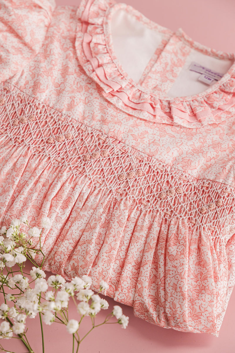Hars, smocked dress with puffed-sleeved, triple ruffled collar, in Small nude pink print