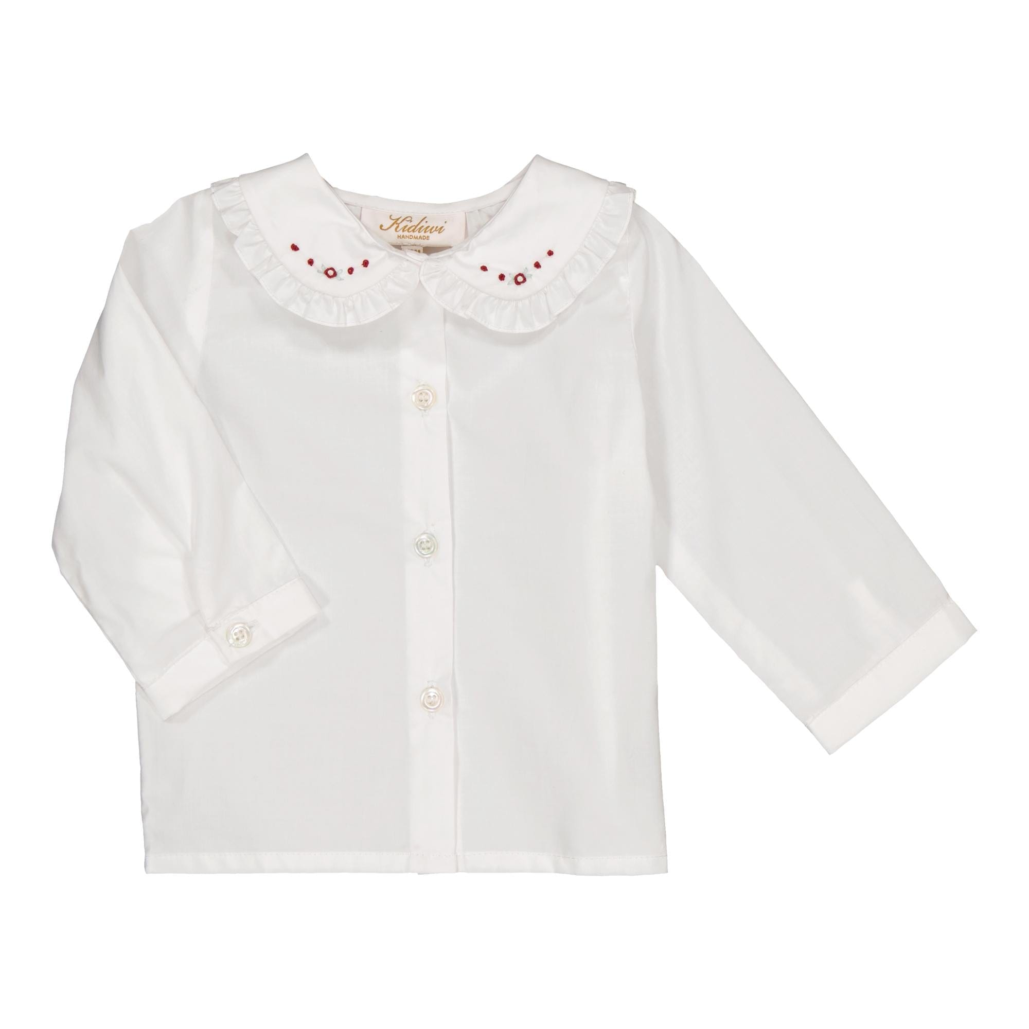 Hélena, chemise fille en popeline blanche et broderies bordeaux