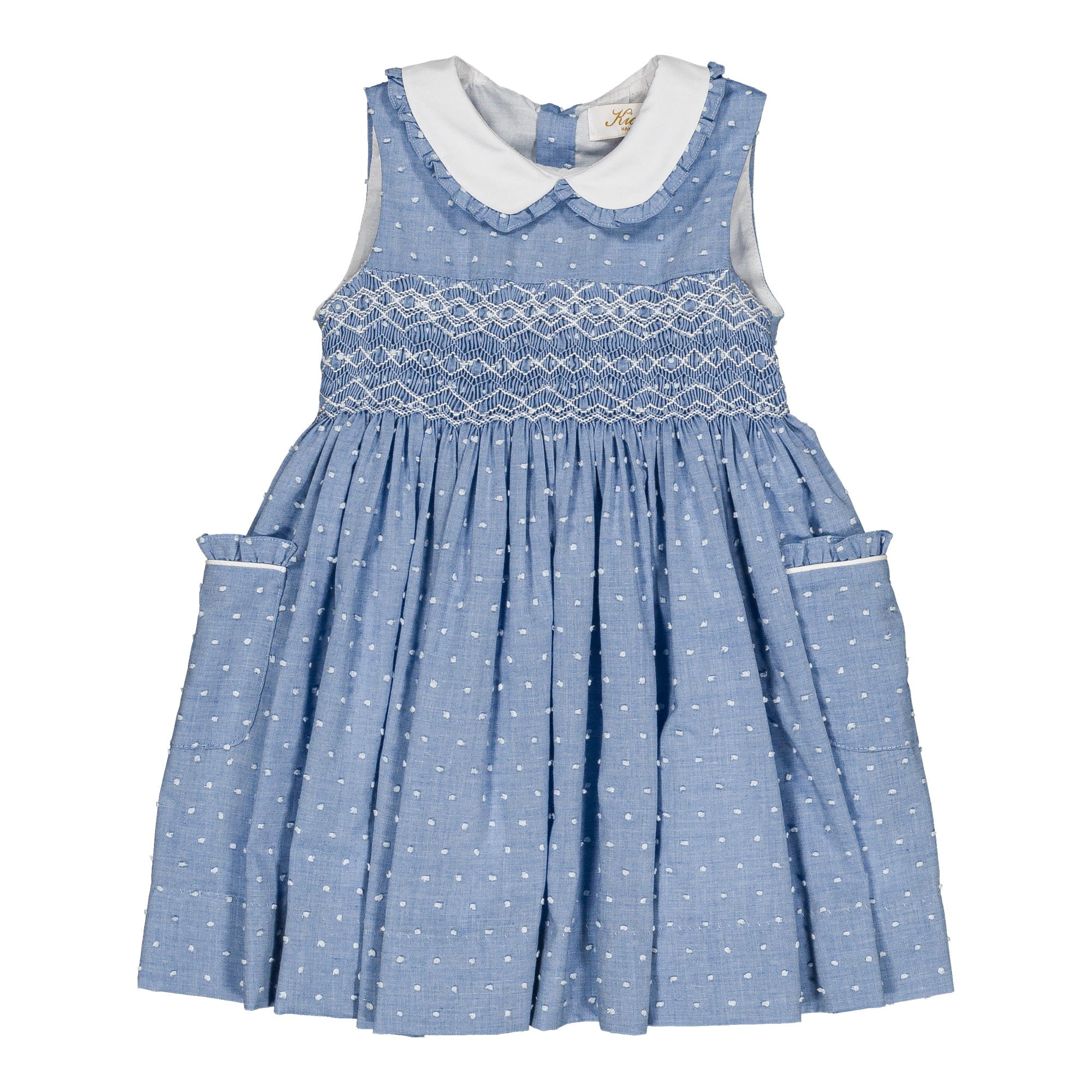 Ixia, robe smockée, en  plumetis bleu porcelaine bicolore