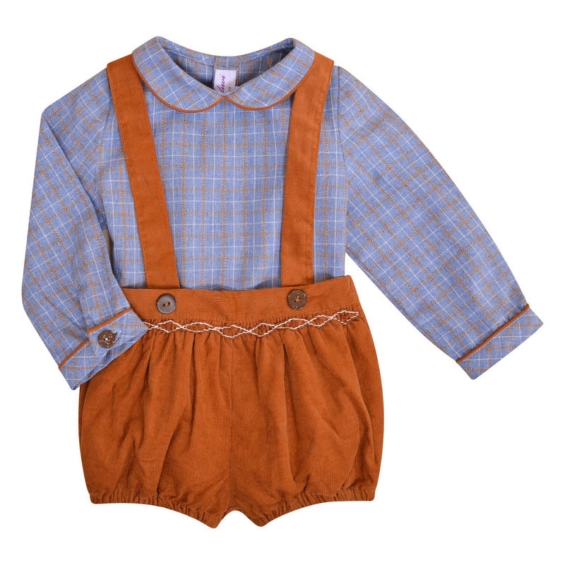 Jack, Bloomer bébé, taille smockée et bretelles amovibles, en velours côtelé Cannelle - Jack, Baby bloomer, smocked waist and removable straps, in Cinnamon corduroy