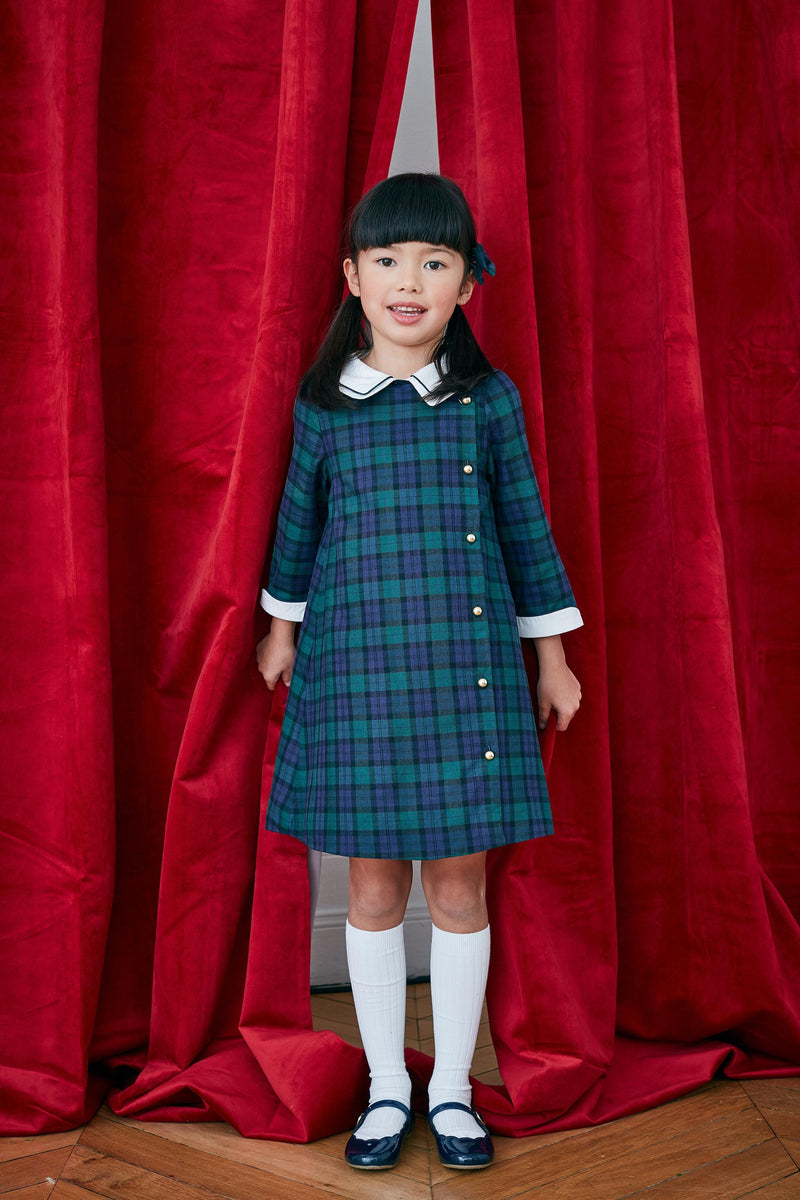 Jeanne, 3/4 sleeve dress with lapel, double collar, side opening, in Cotton Blackwatch tartan