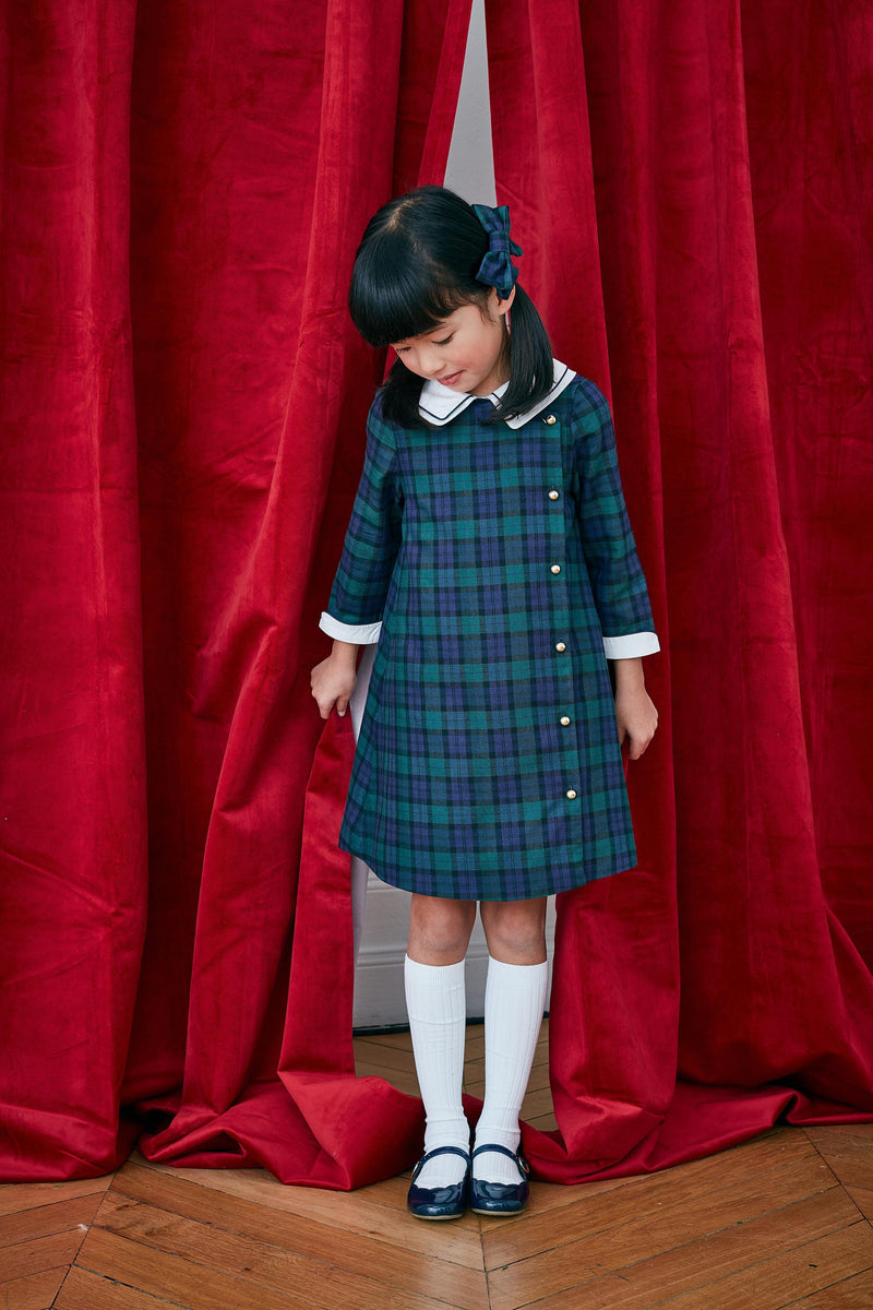 Jeanne, 3/4 sleeve dress with lapel, double collar, side opening, in Cotton Blackwatch tartan