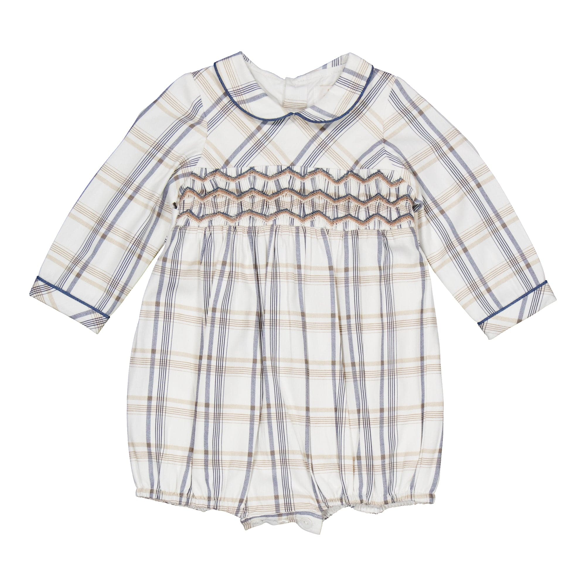 Jeannot barboteuse smockée en tartan beige/marine