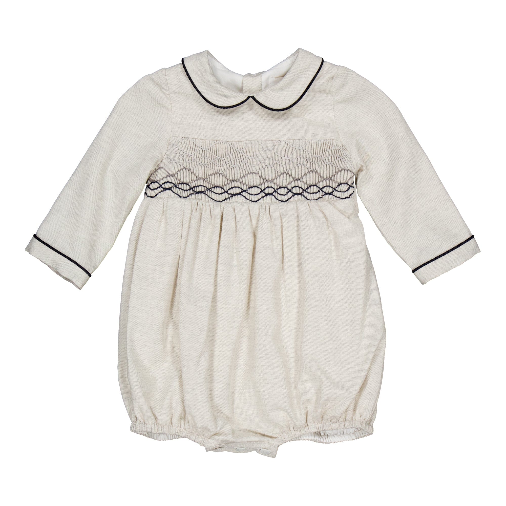 Jeannot, barboteuse smockée en twill de coton gris chiné