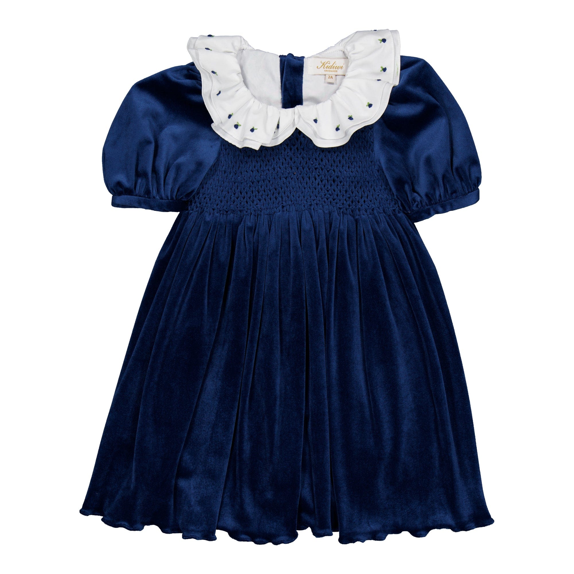 Joséphine, robe smockée, en velours bleu marine