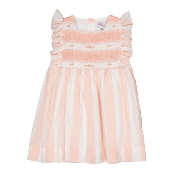 Léa, smocked dress with ruffled sleeves and square neckline, in Large pink nude and lurex stripes
