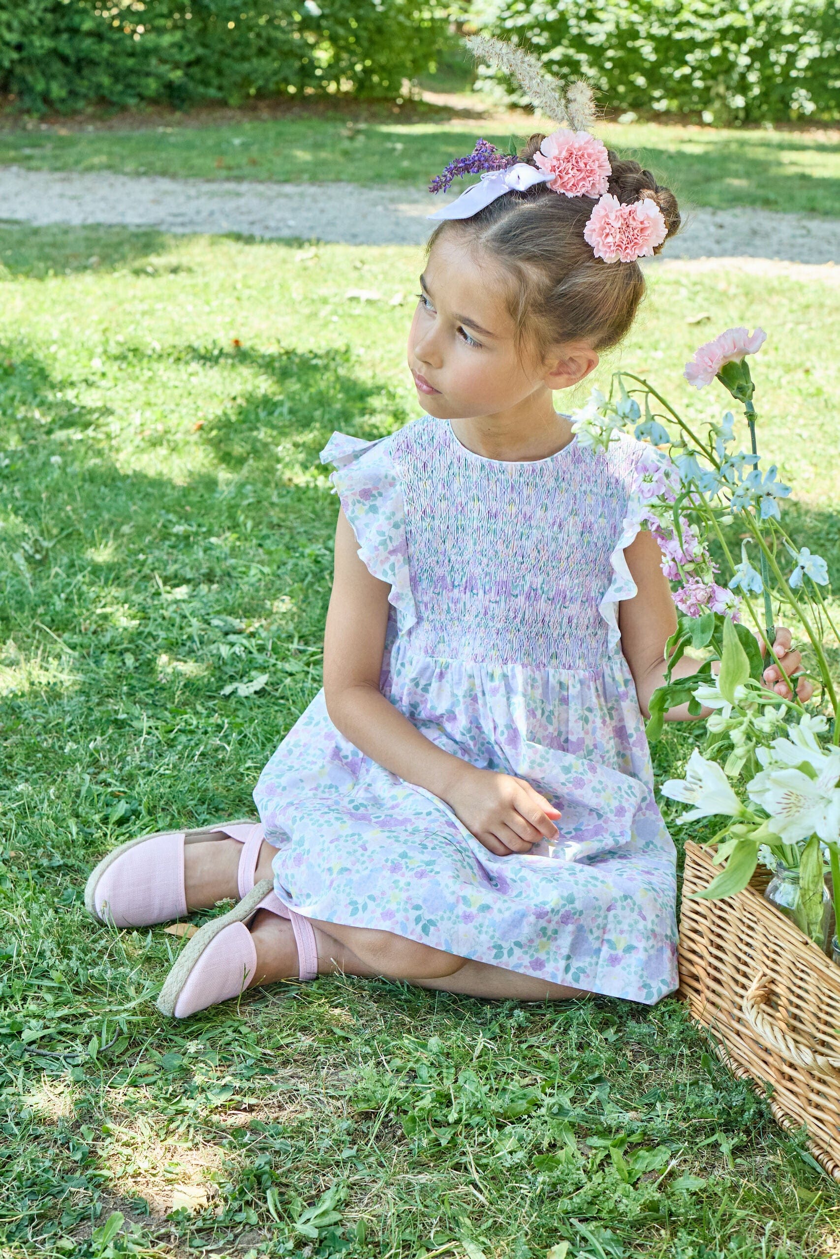 Léanne, smocked dress, in  Exclusive Lilac and pink garden print
