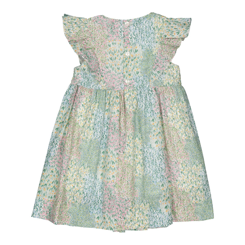 Léanne, smocked dress with ruffled sleeves and square neckline, in Flowery meadow Print