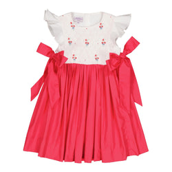 Léanne, two-tone smocked dress with top in white poplin with ruffled sleeve and square neckline, in Watermelon Poplin