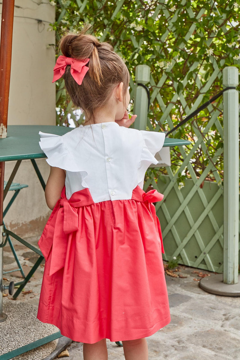 Léanne, two-tone smocked dress with top in white poplin with ruffled sleeve and square neckline, in Watermelon Poplin