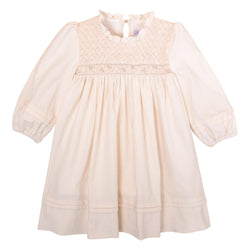 Léonie, Long-sleeved dress with pintucks, high ruffled collar, smocked top, in Ecru corduroy