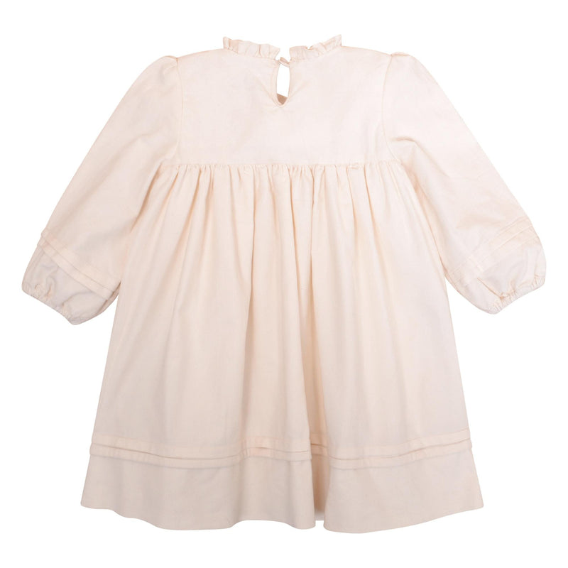 Léonie, Long-sleeved dress with pintucks, high ruffled collar, smocked top, in Ecru corduroy