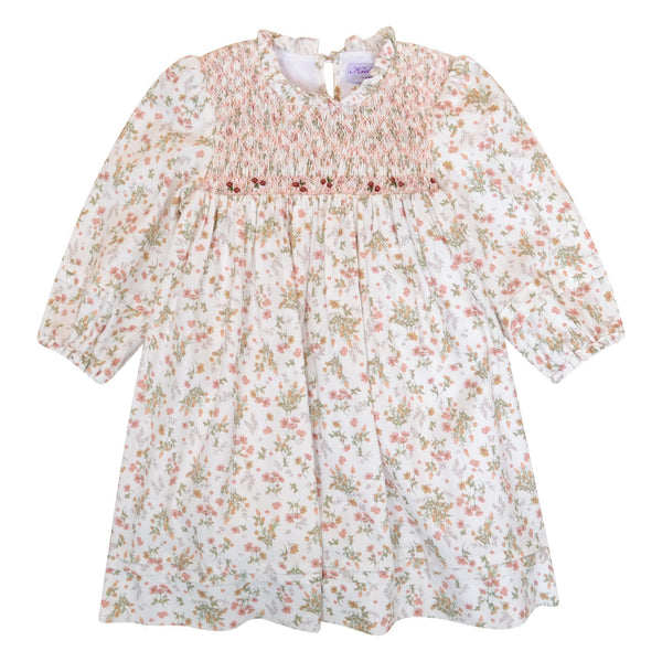 Léonie, Robe manches longues à nervures, col montant volanté, haut smocké, en Imprimé herbier rose thym - Léonie, Long-sleeved dress with pintucks, high ruffled collar, smocked top, in Imprimé herbier rose thym