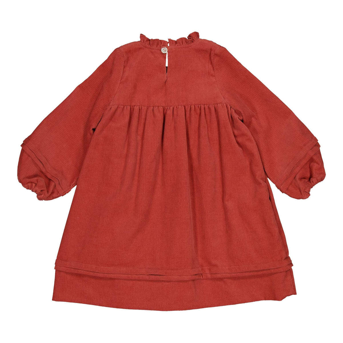 Léonie, smocked dress, in Terracotta corduroy