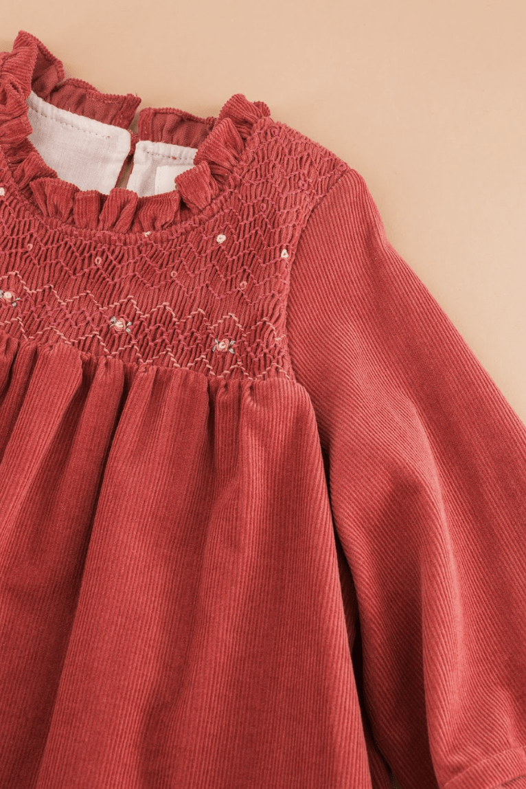 Léonie, smocked dress, in Terracotta corduroy