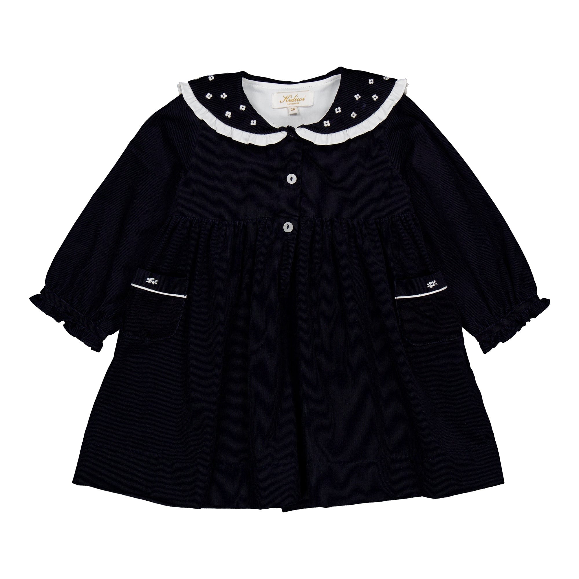 Léontine, robe brodée en velours côtelé marine