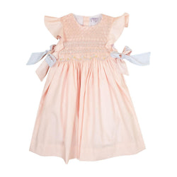 Lewisia, robe manches papillons, col rond, buste entièrement smocké, nœuds bicolores sur les côtés, en coton bio nude - dress with butterfly sleeves, round neck, fully smocked bust, two-tone bows on the sides, in nude organic cotton
