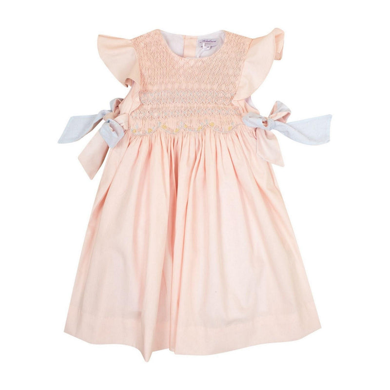 Lewisia, robe manches papillons, col rond, buste entièrement smocké, nœuds bicolores sur les côtés, en coton bio nude - dress with butterfly sleeves, round neck, fully smocked bust, two-tone bows on the sides, in nude organic cotton